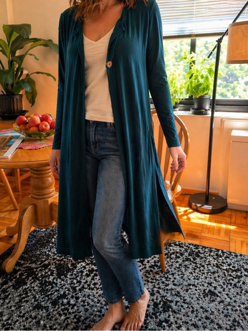 Chico’s Travelers Teal Long Duster Cardigan Open Front Knit Jacket Size 2 Large